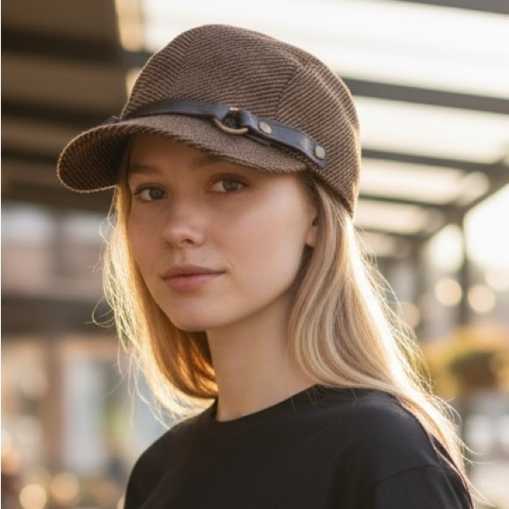 Brown Tweed Cabbie Newsboy Cap Leather Belt Band Dark Academia Women's